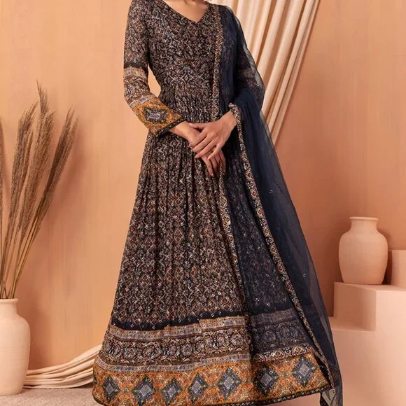 blue dress for baby girl Navy Blue Embroidered Anarkali Gown – FALAKENOOR main image 1